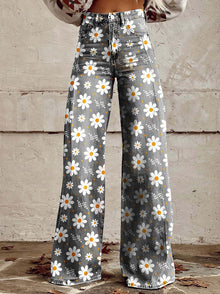 Cathleen - Weite Damenhose mit weitem Bein – Weiß Blume