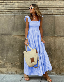 Damen Maxikleid Baumwolle Gingham Rüschenärmel Eleganter Sommerlook – Blau