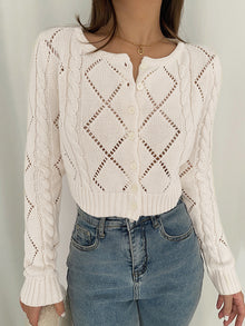 Strickcardigan mit Lochmuster | Zopfmusterärmel | Kurzer Schnitt – Off-Weiß