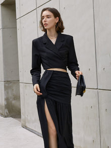 Emilia | Elegantes Zweiteiler-Set mit Cropped Blazer & Maxi-Rock – Schwarz
