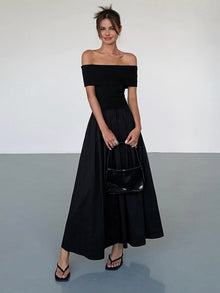 Damenkleid Satin Off-Shoulder mit elegantem Schnitt – Schwarz