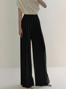 Elegante High-Waist Plissee-Hose mit weitem Bein – Büro & Freizeit – Schwarz