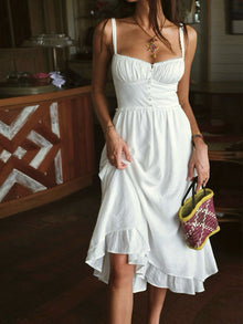 Elegant Ruffle Hem Cami Midi Dress – Sleeveless Summer Sundress – Weiß