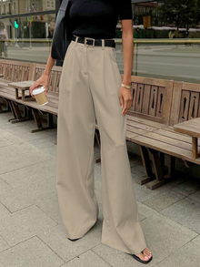 Katharina | Damen Plissierte Vorderseite Weite-Hosen mit Gürtel – Khaki
