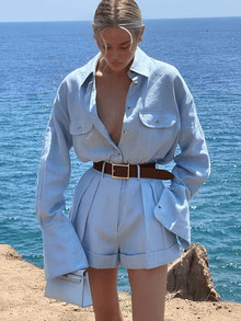 Gabriele | Leinen-Zweiteiler mit Hemd & Shorts – Blau