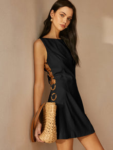 Linen Blend Cutout Mini Dress – Sleeveless O-Ring Summer Dress – Schwarz