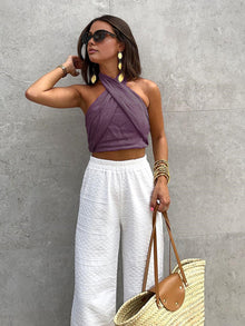 Damen Sommer Halter Top aus Leinen-Baumwoll-Mix mit Crisscross-Design – Lila