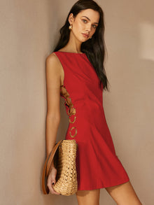 Linen Blend Cutout Mini Dress – Sleeveless O-Ring Summer Dress – Rot