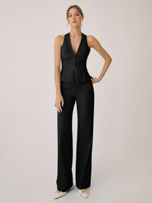 Damen Halterneck Set mit V Ausschnitt und weitem Bein – Schwarz