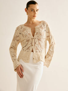 Häkelcardigan mit Blumenmuster | Transparenter Look | Gerade Passform – Beige