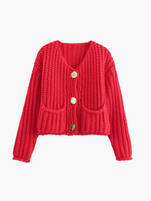 Grobstrickjacke mit modische Knöpfe | Strukturierter Look | Kastiger Schnitt – Rot