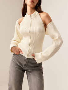 Trendige Strickjacke Damen | Cut-Out-Details & Reißverschluss-Design – Beige