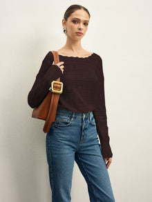 Strickpullover mit offenem Rücken | Häkelmuster | Femininer Look – Dunkelbraun