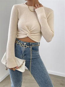 Cropped-Pullover mit Knotendetail | Figurbetont | Rundhalsausschnitt – Aprikose