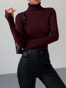 Jennifer | Damen Frühlings Stilvoller Gerippter Rollkragenpullover – Burgunderrot