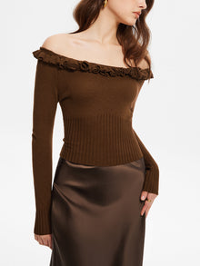 Damen Strickpullover schulterfrei | Rüschen-Details & Feminine Passform – Burgunderrot