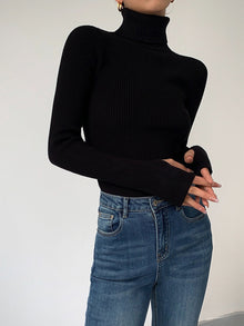 Jennifer | Damen Frühlings Stilvoller Gerippter Rollkragenpullover – Schwarz