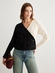 Moderne Damen Wickel-Cardigan aus Strick | Zopfmuster & Zweifarbiger Look – Schwarz und weiß