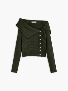 Strickpullover mit breitem Kragen | Knopfleiste seitlich | Strukturierter Look – Armeegrün