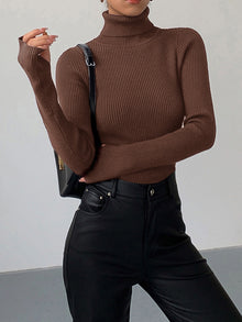 Jennifer | Damen Frühlings Stilvoller Gerippter Rollkragenpullover – Dunkelbraun