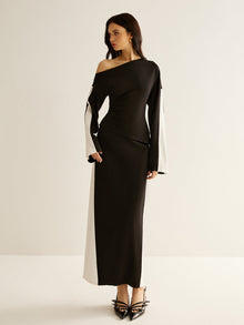 Asymmetrisches Maxikleid | Elegante Silhouette | Modernes Color-Blocking – Schwarz