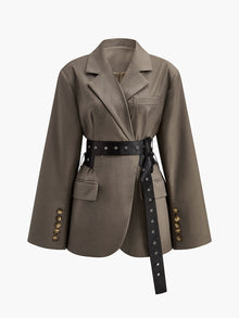 Mila | Oversized Blazer mit Taillengürtel in Oliv – Dunkelbraun