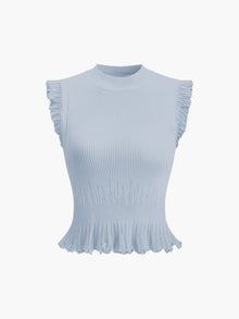 Rippstrick Crop Top mit Rüschen – Beige – Sommer Damen Oberteil – Blau