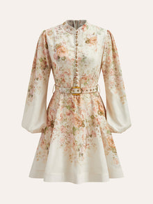 Leinen-Kleid mit Puffärmeln & Blumenmuster – Multicolor