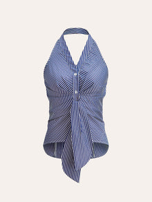 Gestreiftes Neckholder Top Damen – Sommer Crop Top mit V-Ausschnitt – Blau