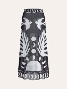 Luftiger Maxirock mit Vogelprint – Mesh Strand-Cover-Up – Schwarzweiß
