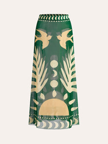 Maxi Mesh Rock mit Vogelprint – Leichtes Strand-Cover-Up – Dunkelgrün
