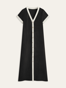 Leinen-Mix Maxikleid mit hohem Schlitz & Kontrastbesatz – Sommerstil – Schwarz