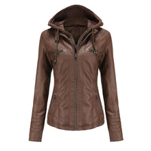Lara | Damen Kunstleder-Motorradjacke mit Kapuze – Kaffee
