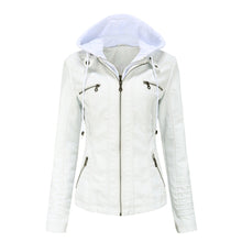 Lara | Damen Kunstleder-Motorradjacke mit Kapuze – Weiß