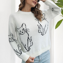 Verspielter Strickpullover | Katzenmotiv | Lässige Passform – Weiß