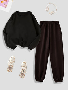 Kuschelig-warmes Damen-Loungewear-Set mit Plüschfutter für Herbst und Winter – Schwarz