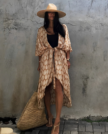 Palm Isle - Verführerischer Strand-Kimono – Blätter - Beige
