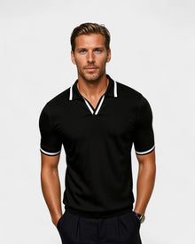 Herren-Strick-Poloshirt mit Kontrastabschlüssen – Offener Kragen – Schwarz