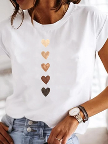 Leonora | Damen Herz Print T-Shirt Rundhals Kurzarm – Weiß