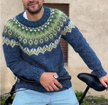 Silas - Vintage Strick-Jacquard-Pullover mit Rundhalsausschnitt – Blau