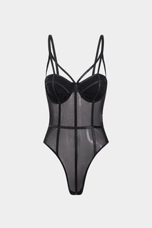 Daisy | Spaghettiträgern Schwarz Verführerischer Mesh-Body mit Bügel-Cups – Schwarz