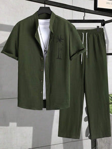 Herren Resort-Set mit Palmen-Stickerei | Hemd & Lange Hose – Armeegrün