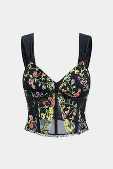 Amy | Korsett-Top mit floraler Stickerei & Mesh – Schwarz