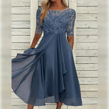 Elegantes Kleid mit Spitzenoberteil | Halblange Ärmel | Fließender Rockteil – Blau