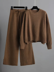 Kuscheliger Damen-Strickpullover mit weiter Jogginghose für kalte Tage – Dunkelbraun