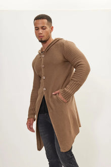 Langer Strickcardigan mit Kapuze und Knöpfen – Baptiste – Khaki