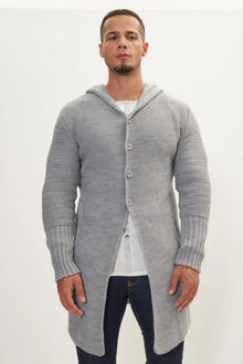 Langer Strickcardigan mit Kapuze und Knöpfen – Baptiste – Grau