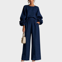 Mersada – Set Aus Langärmeligem Oberteil mit Blumenmuster Und Weit Geschnittener Hose – Blau
