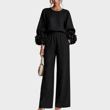 Mersada – Set Aus Langärmeligem Oberteil mit Blumenmuster Und Weit Geschnittener Hose – Schwarz