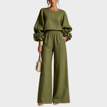 Mersada – Set Aus Langärmeligem Oberteil mit Blumenmuster Und Weit Geschnittener Hose – Grün